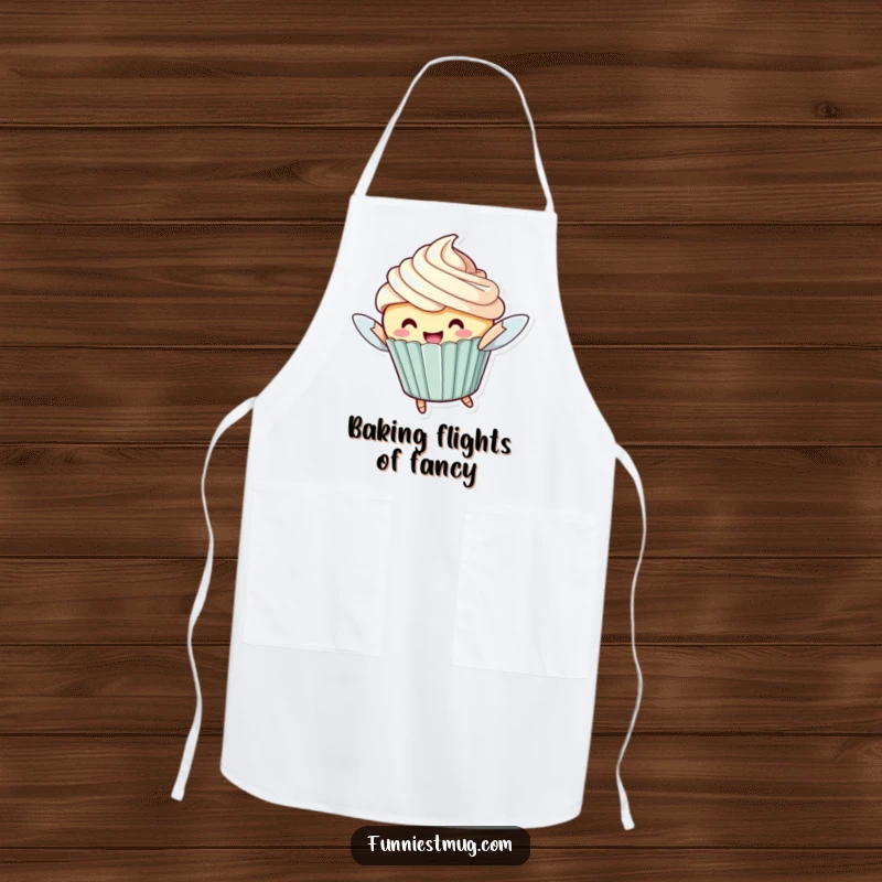 Funny Flying Cupcake Apron: A cheerful cupcake character with oversized frosting attempting to fly, ideal for baking fun.