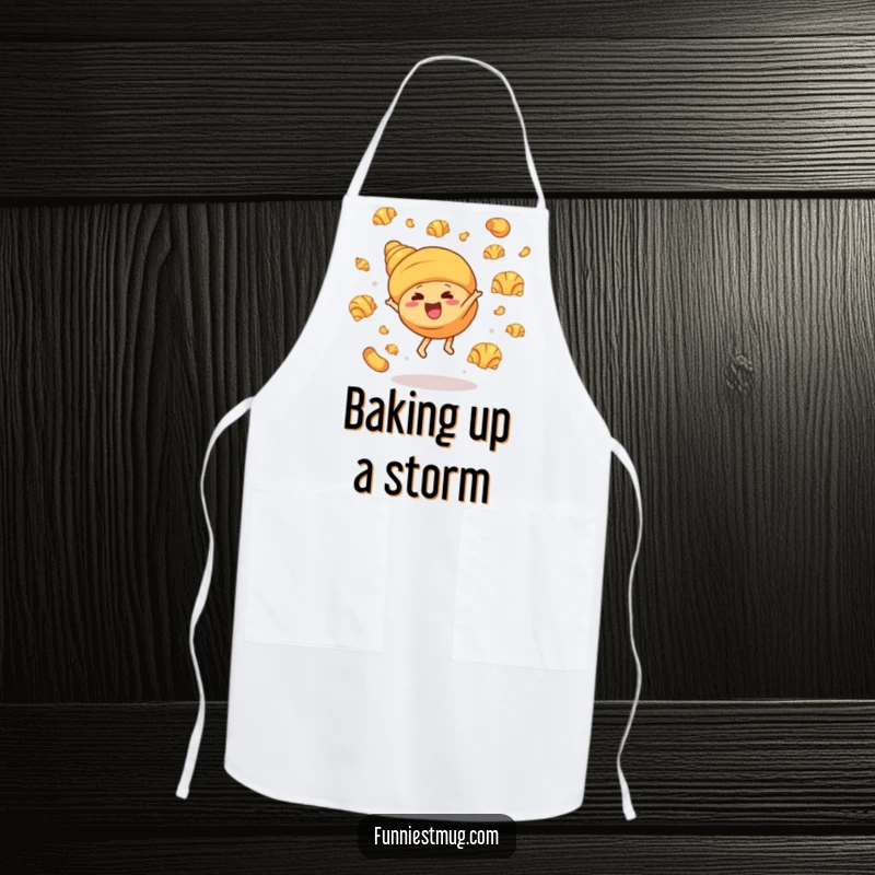 Funny apron with a giggling croissant character doing a cartwheel, butter croissants flying, perfect for keeping clean while cooking with a humorous bakery theme.