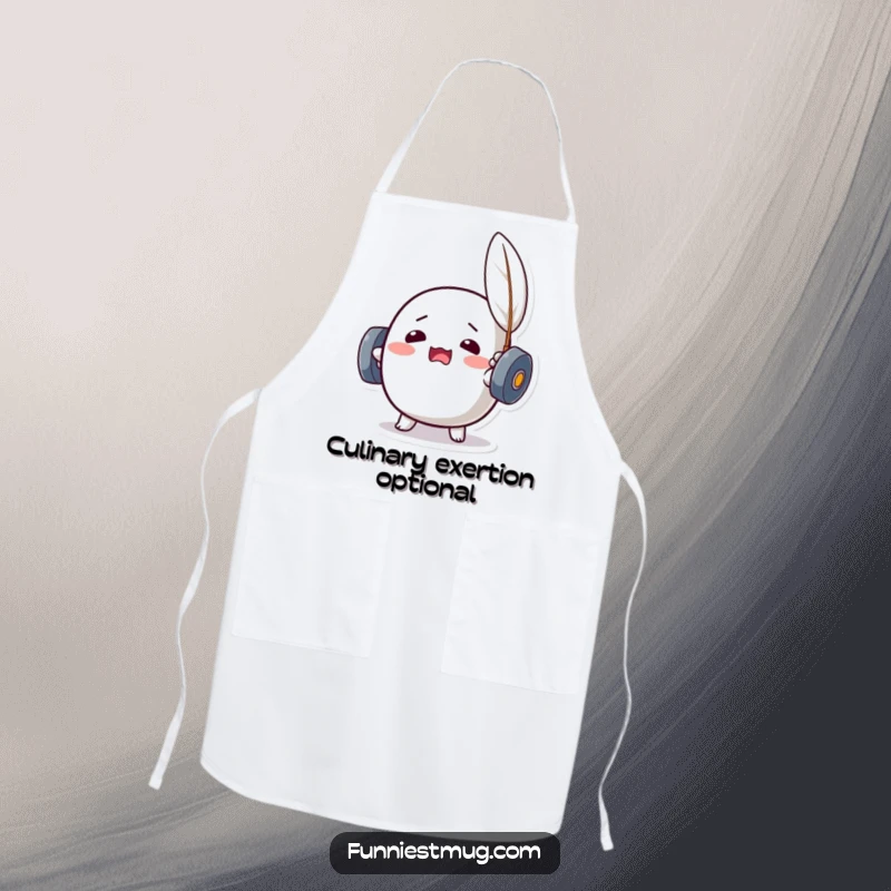 Funny Kawaii dumbbell character straining to lift a feather, worn as a humorous and protective apron.
