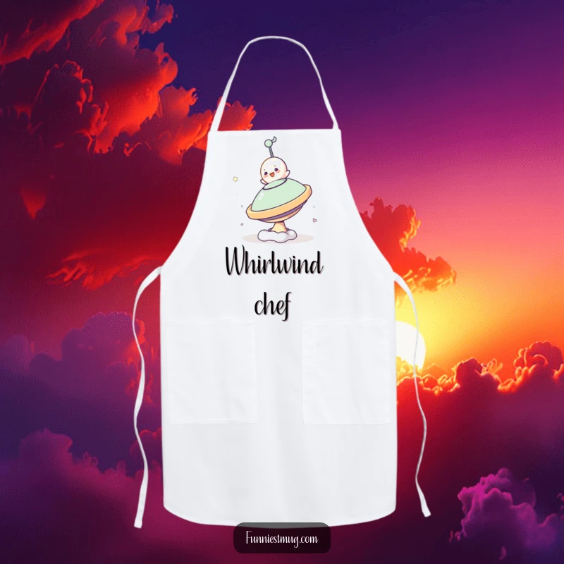 Funny Small Blob Chef Apron comically attempting to ride a spinning top, ideal for kitchen fun and protecting clothes.