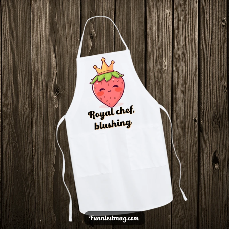 Funny strawberry apron with a tiny crown, blushing and winking, a cute and humorous cooking accessory for a regal kitchen experience.