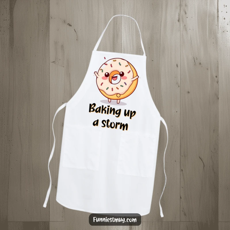 Funny kitchen apron showing a happy, sprinkled donut doing a cartwheel with frosting flying.