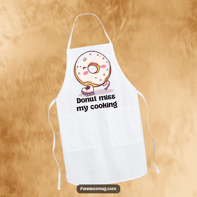 Funny apron featuring a clumsy donut hole wearing tiny skates, comically falling, perfect for adding humor to kitchen tasks.