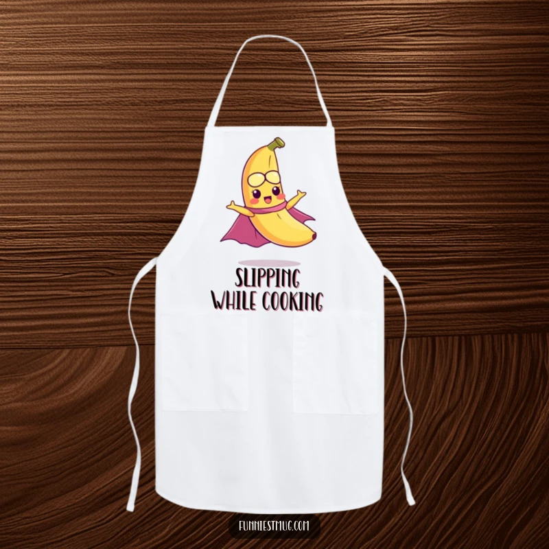 Funny apron featuring a mischievous banana wearing a cape, hilariously attempting to fly, perfect for brave kitchen tasks.