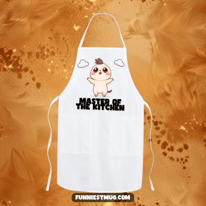 Funny Googly Eyed Chef Creature Apron, hilariously juggling teacups while cooking, ideal for kitchen enthusiasts and funny gifts.