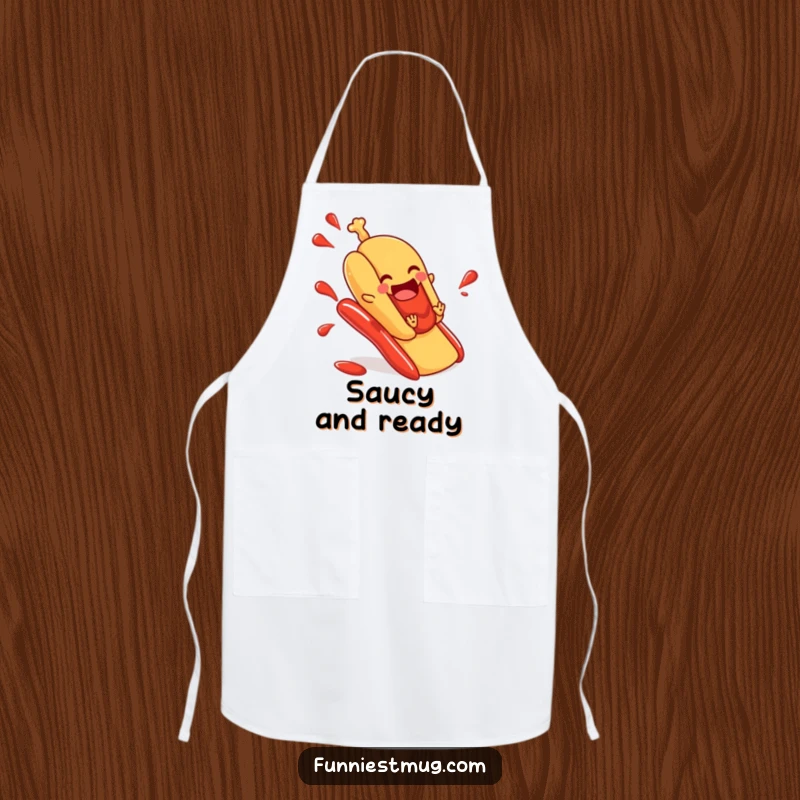 Funny hot dog apron featuring a hot dog in a bun sliding down a ketchup slide, adding a splash of humor to kitchen activities.