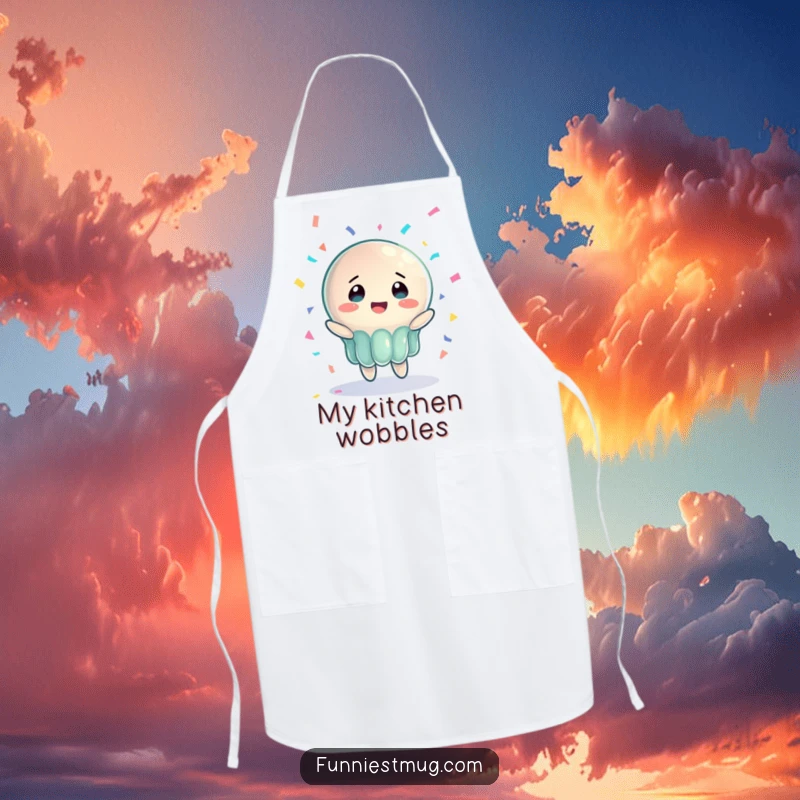 Funny Jelly Joy Apron featuring a wobbly jelly character joyfully catching confetti, perfect for humorous cooking sessions.