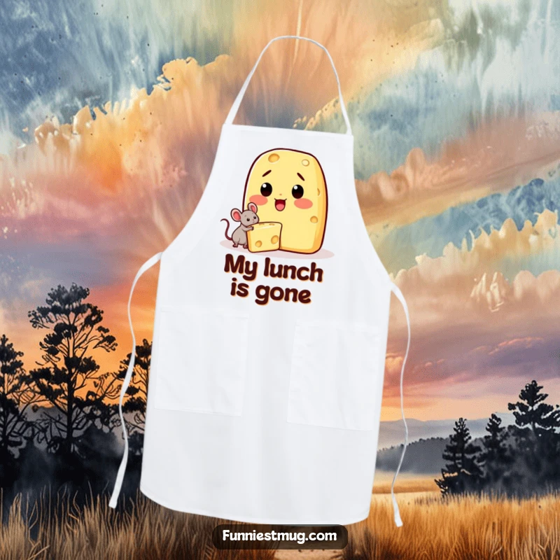 Funny Kawaii apron of a surprised cheese character with a tiny mouse attempting to steal a wedge of cheese.