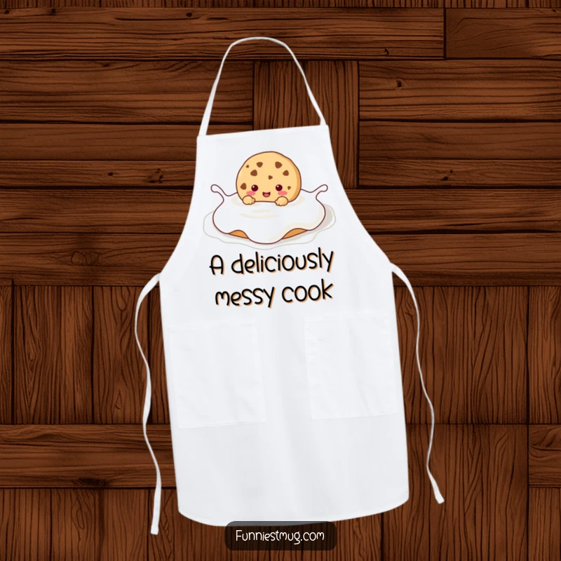 Funny Kawaii cookie character happily submerged in a large milk puddle, worn as a humorous and protective apron.