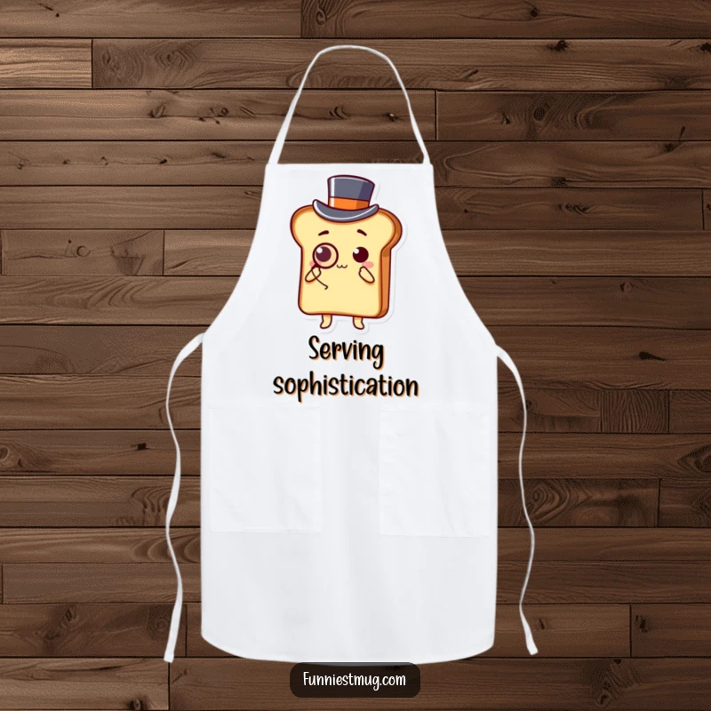 Funny Kawaii apron showing a slice of toast character in formal attire, bowing while ready to cook.