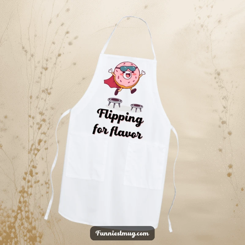 Funny apron illustration of a giggling donut superhero in a cape leaping over miniature trampolines, perfect for kitchen fun.