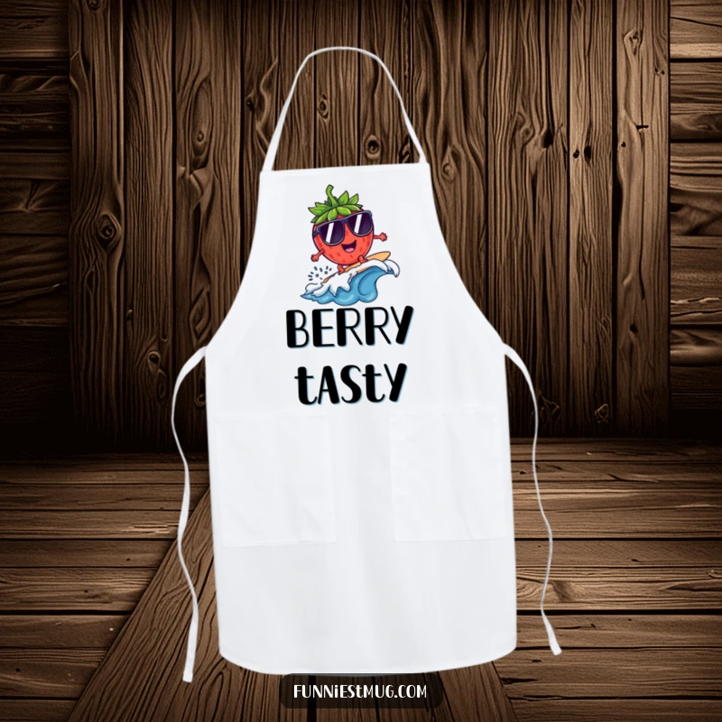 Funny Surfing Strawberry Sunglasses Apron: A strawberry surfs wearing large sunglasses, perfect for funny kitchen sessions.