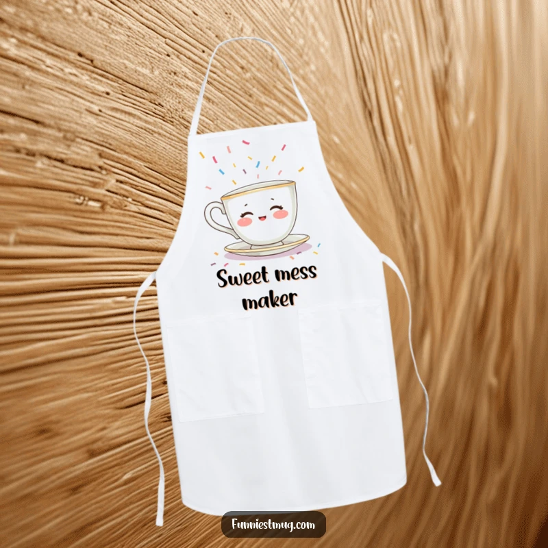 Funny apron featuring a shy teacup character with rosy cheeks trying to escape a flood of colorful sprinkles. Kitchen humor.