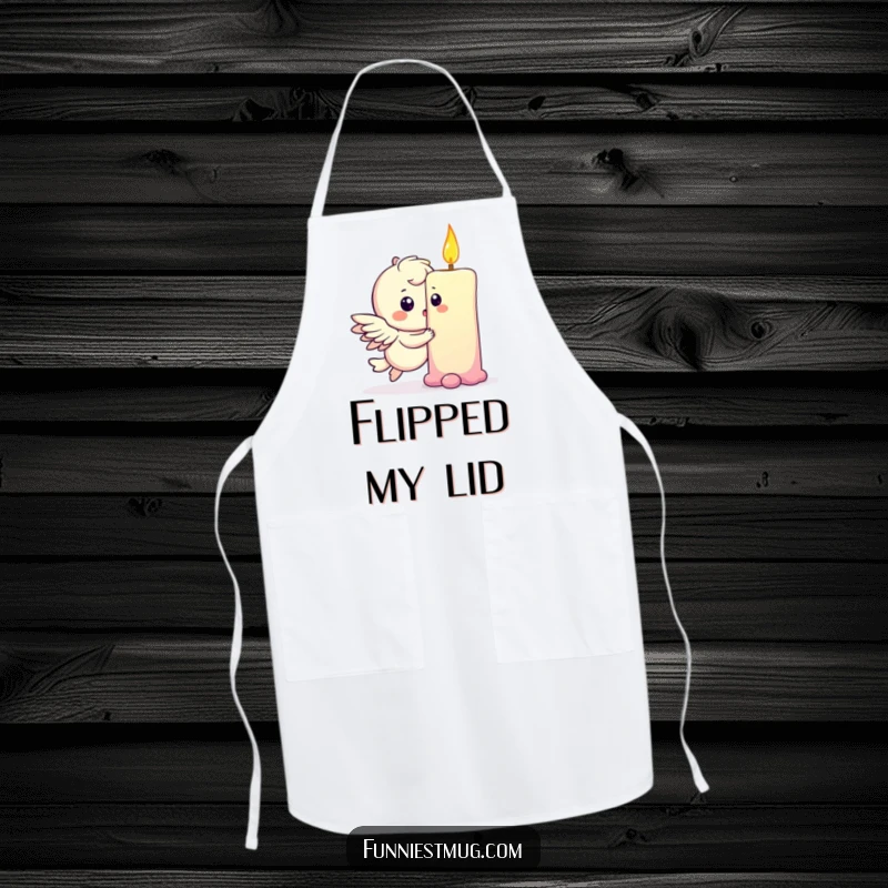 Funny apron showing a playful winged character gently bumping into a giant birthday candle, looking surprised.