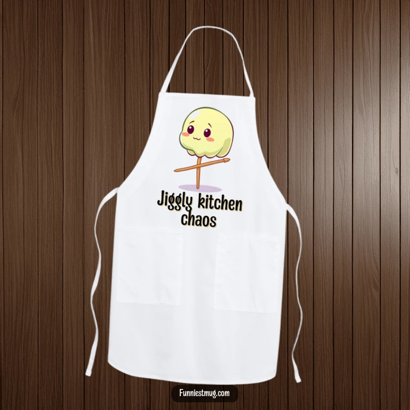 Funny Wobbly Jelly Apron: A wobbly jelly character comically balancing on a toothpick, ideal for kitchen fun.