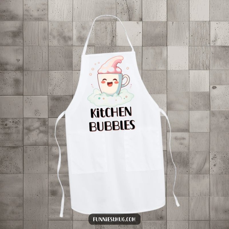 Funny Coffee Bath Spill Apron: A gleeful coffee cup spilling colorful foam bubbles, perfect for funny kitchen sessions.