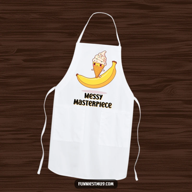 Funny Ice Cream Cone Apron: A clumsy, sprinkle-covered character slipping on a banana peel, a fun and practical kitchen accessory.