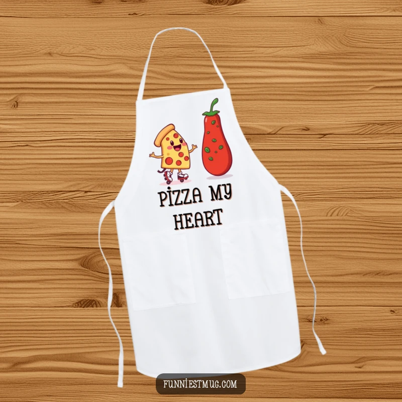 Funny Pizza Roller Skater Apron: A smiling pizza slice on roller skates, wobbling towards a pepperoni, perfect kitchen humor.