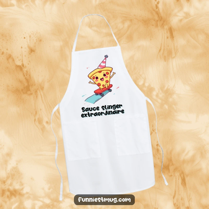 Funny Pizza Skater Apron featuring a pizza slice in a party hat skateboarding down a sauce slide, perfect for humorous cooking sessions.