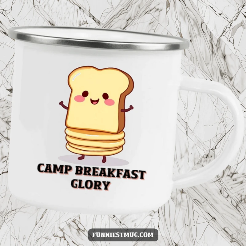 Funny camping mug with a smug slice of toast balancing a wobbly stack of pancakes, perfect for outdoor humor.