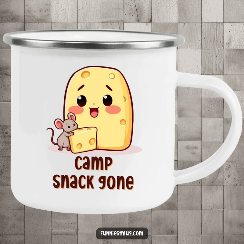Funny Kawaii enamel camping mug showing a surprised cheese character and a tiny mouse stealing a wedge.