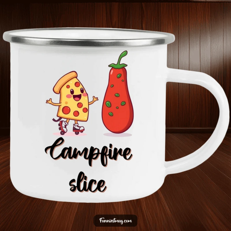 Funny Pizza Roller Skater Camping Mug: A smiling pizza slice on tiny skates wobbles towards a pepperoni, perfect for outdoor humor.