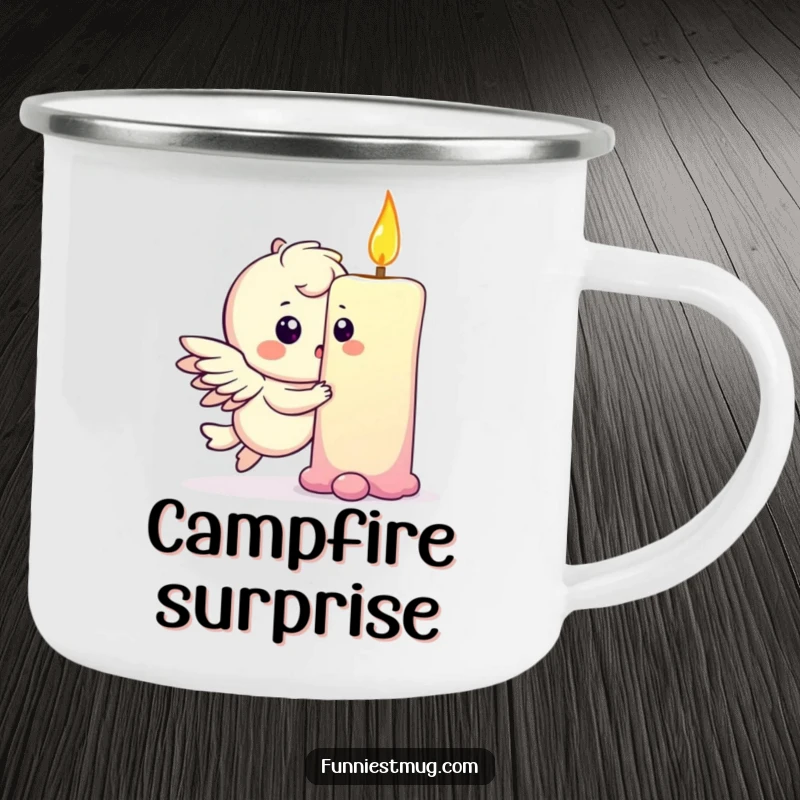 Funny camping mug with a playful winged character gently bumping into a giant birthday candle, looking surprised.