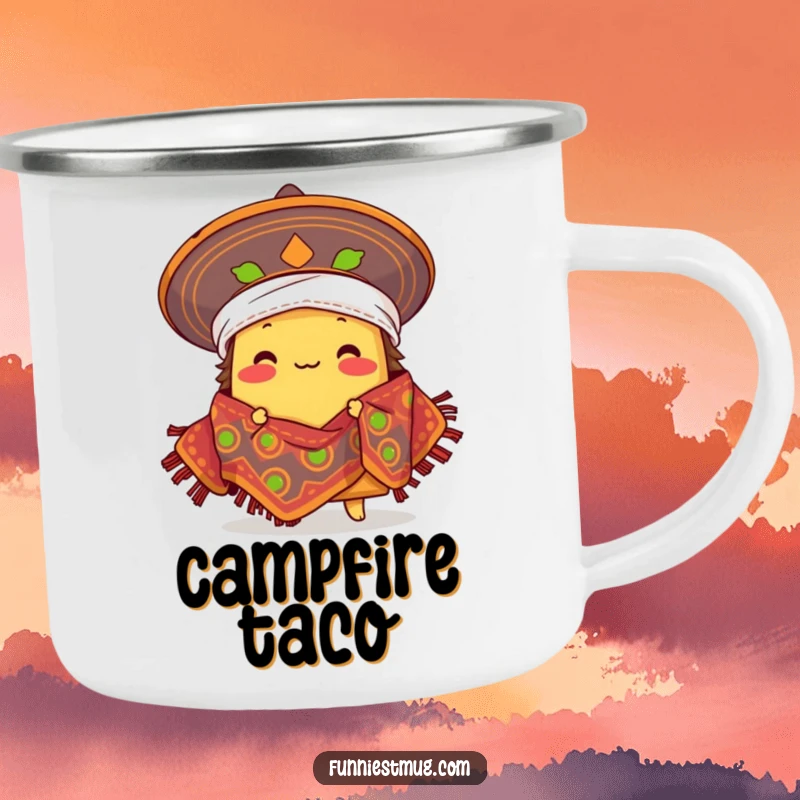 Funny proud taco character comically wearing a sombrero as a blanket, Mexican food humor on enamel camping mug.
