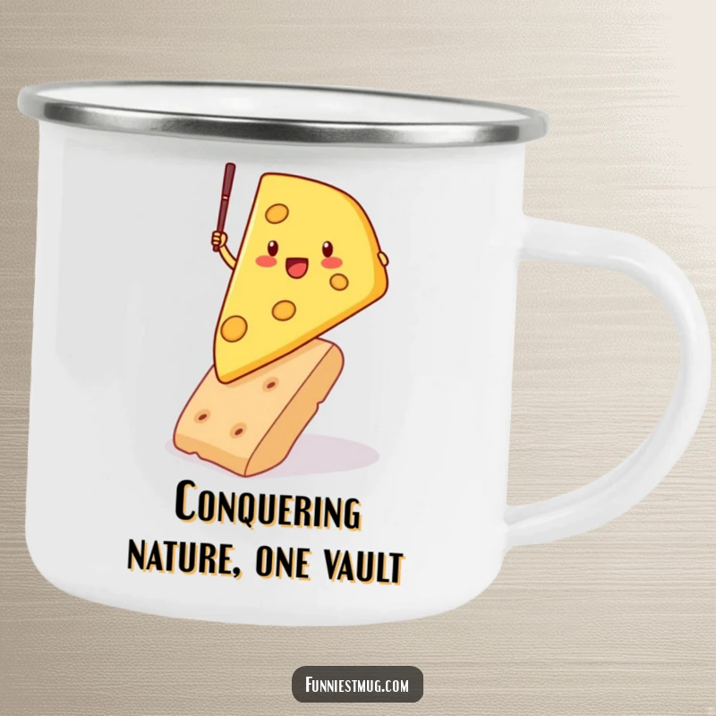 Funny camping mug depicting a determined cheese wedge pole vaulting over a cracker, designed for durability and humor during outdoor escapades.