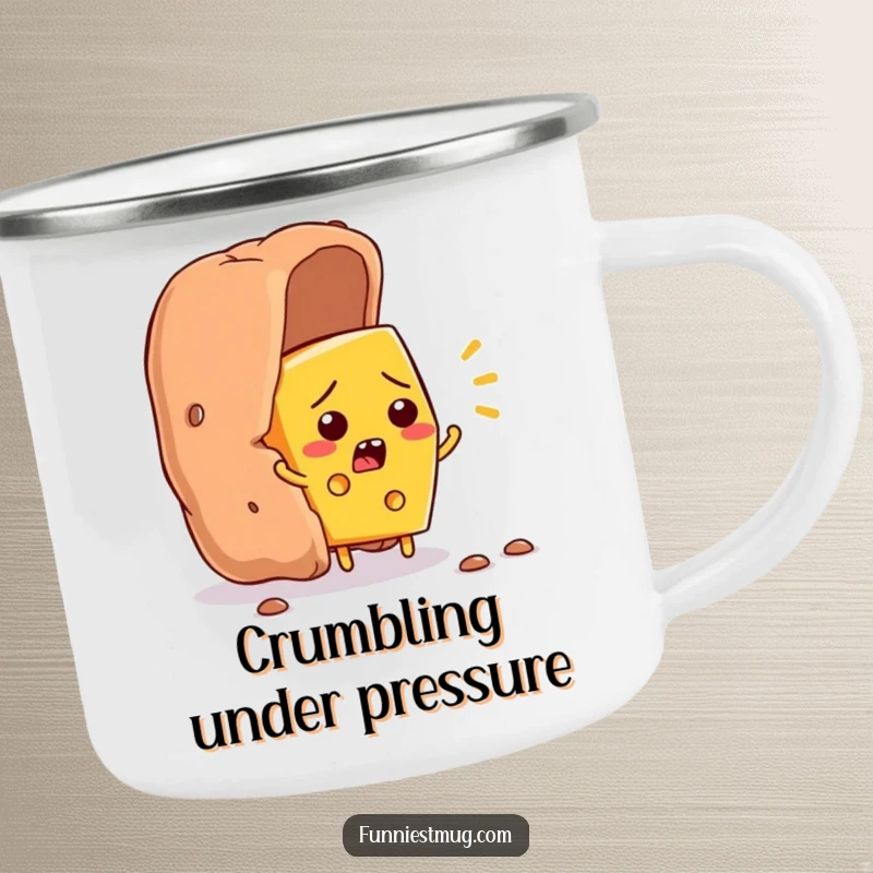 Funny cheese slice character flustered, trying to escape a giant cracker, humorous food art on enamel camping mug.