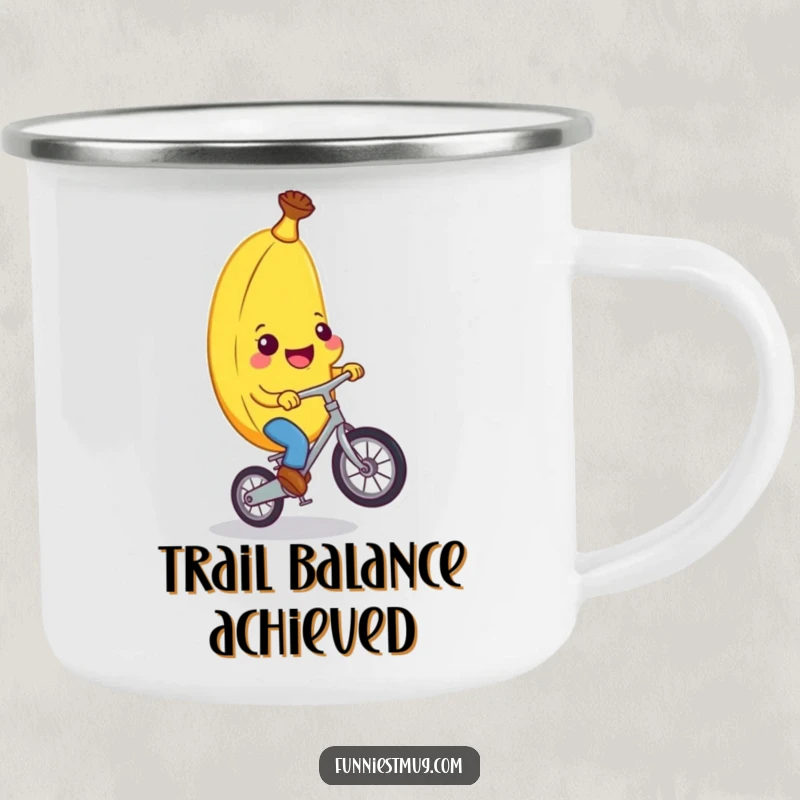 Funny banana character on a unicycle against a mountain backdrop on a sturdy camping mug, evoking adventurous and funny vibes.