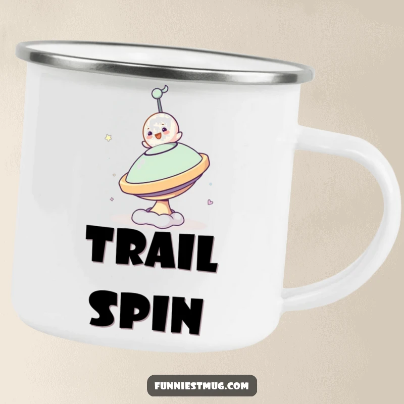 Funny Small Blob Camping Mug illustrating the character's comical attempt to ride a spinning top, perfect for outdoor fun.