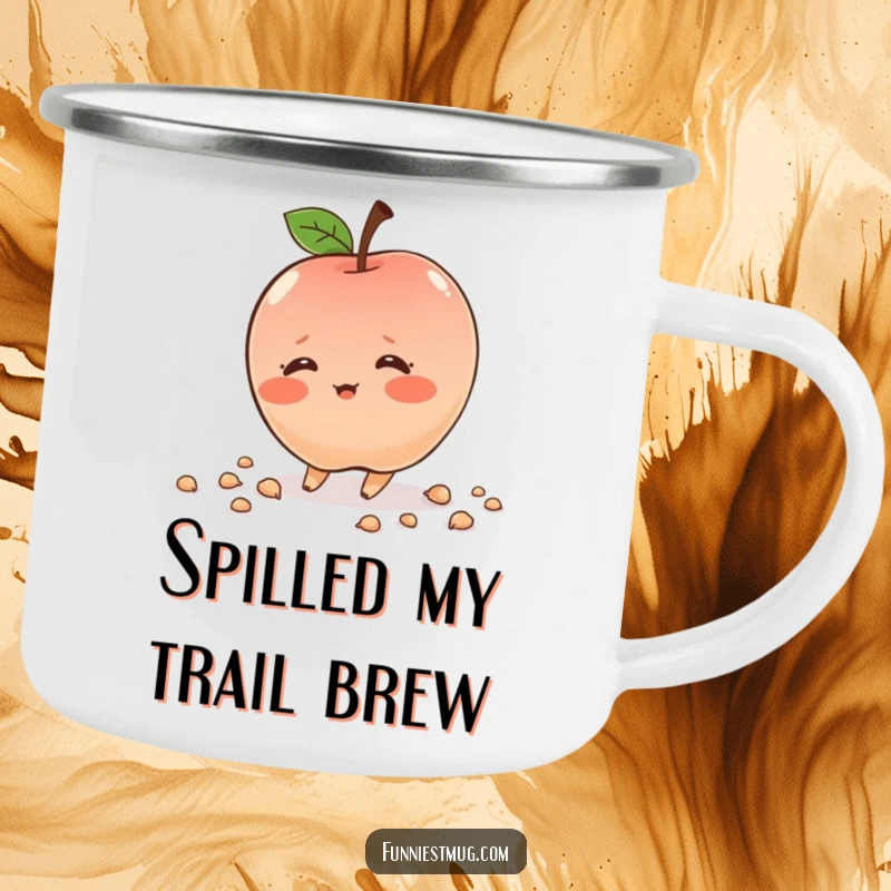 Funny shy apple character, blushing, tripping, durable camping mug, ready for outdoors, radiating humor, excellent gift.