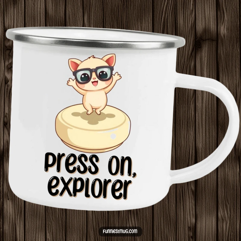 Funny Little Creature Camping Mug illustrating the character with oversized glasses dancing on a button, perfect for outdoor fun.