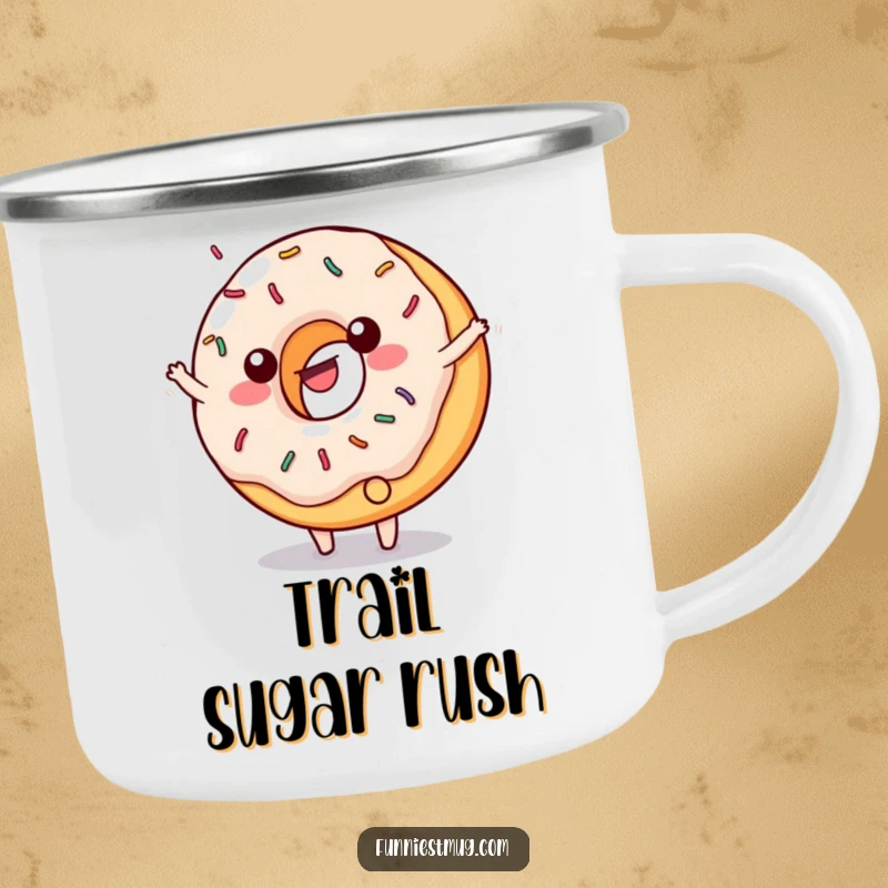 Funny enamel camping mug of a happy, sprinkled donut doing a cartwheel with frosting flying.