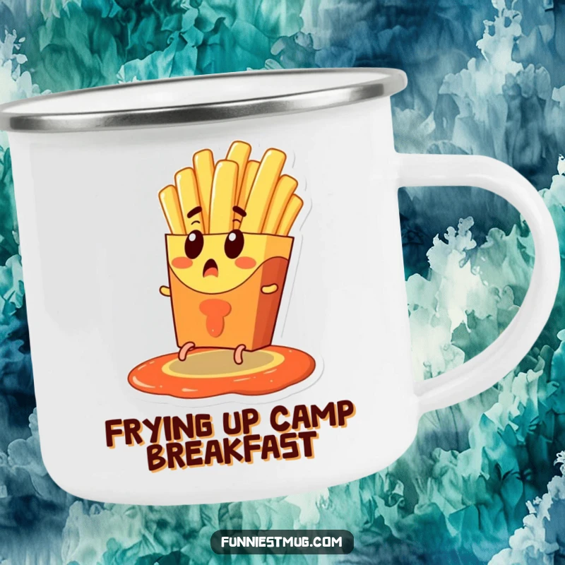 Funny camping mug depicting a surprised french fry character with tiny legs escaping a ketchup pool, designed for durability and humor during outdoor escapades.