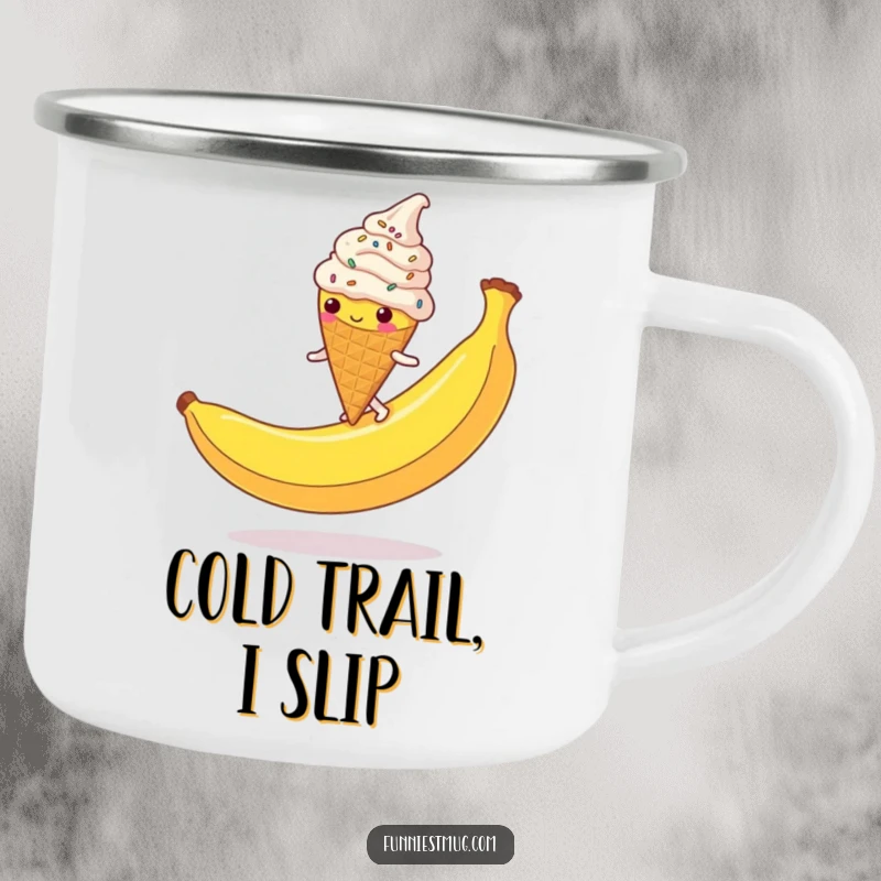 Funny Ice Cream Cone Camping Mug: A clumsy, sprinkle-covered character slipping on a banana peel, perfect for outdoor fun.