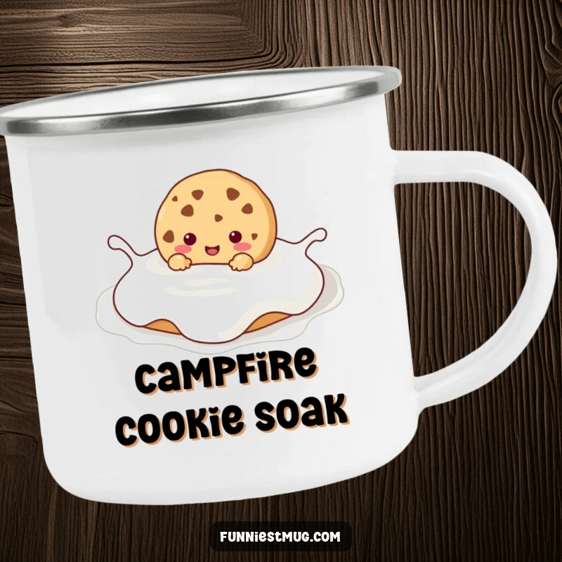 Funny Kawaii cookie character happily submerged in a large milk puddle, a durable and humorous enamel mug for outdoor lovers.
