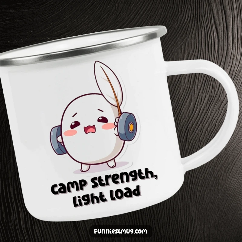 Funny Kawaii dumbbell character straining to lift a feather, a durable and humorous enamel mug for outdoor fitness enthusiasts.