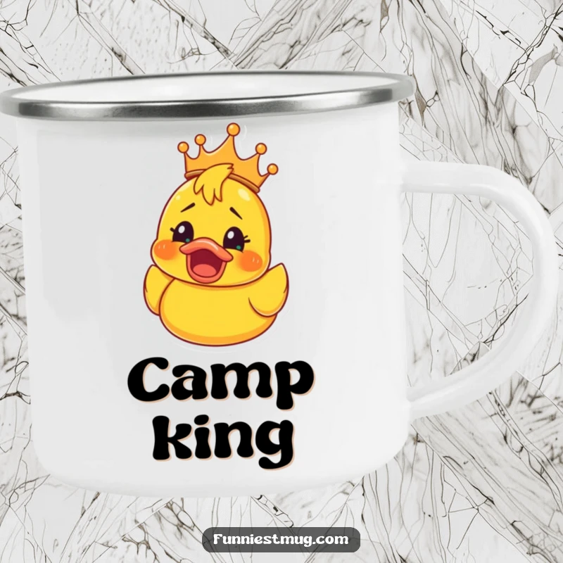 Funny Rubber Ducky Crown Camping Mug: Enamel mug with a rubber ducky in a crown, its face a picture of shocked elation, a funny outdoor companion.
