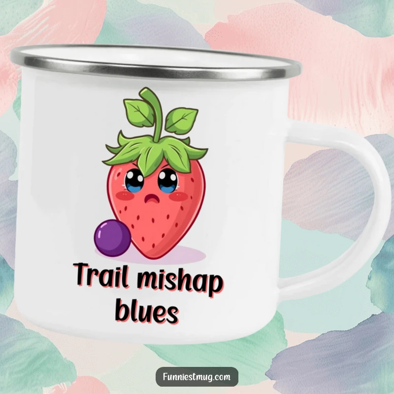 Funny strawberry character slipping on a grape against a wilderness backdrop on a camping mug, evoking adventurous and funny moments.