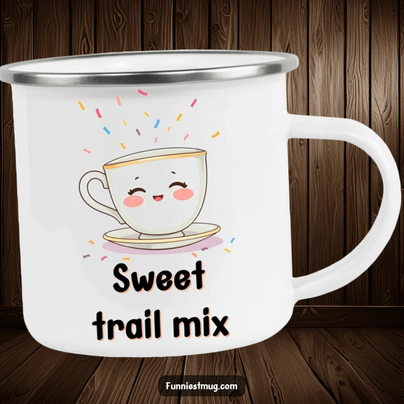 Funny camping mug featuring a shy teacup character trying to escape sprinkles, durable and humorous for outdoor use.