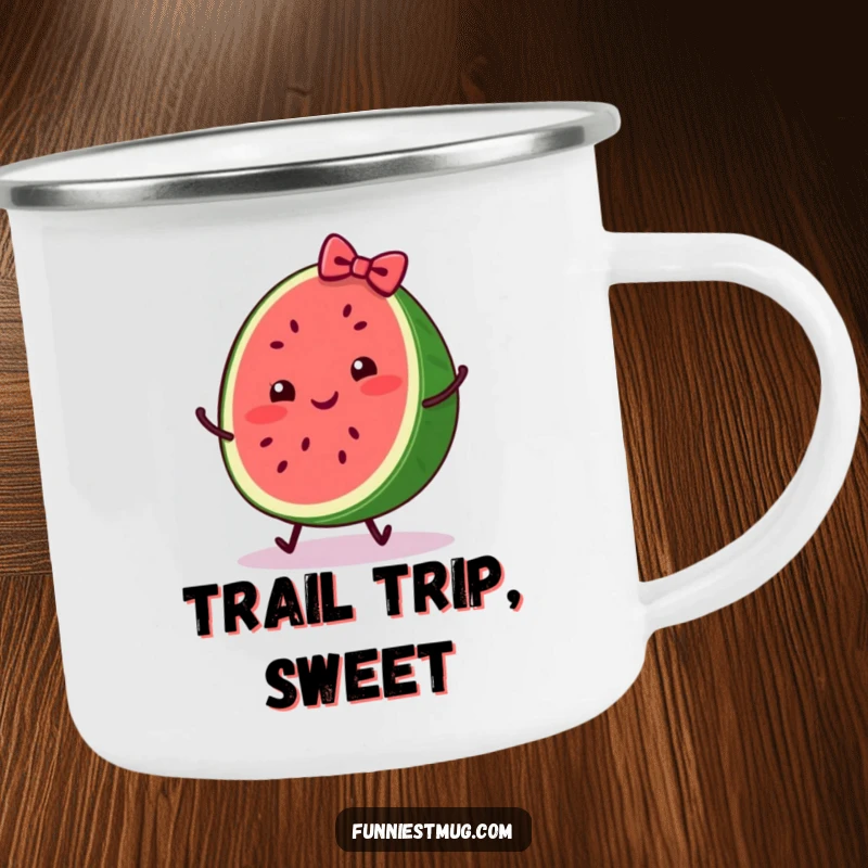 Funny camping mug featuring a cheerful watermelon slice with a bow, comically tripping, ideal for outdoor summer enjoyment and humor.