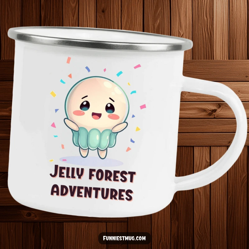 Funny Jelly Joy Camping Mug featuring a wobbly jelly character joyfully catching confetti, designed for outdoor use and humorous enjoyment.