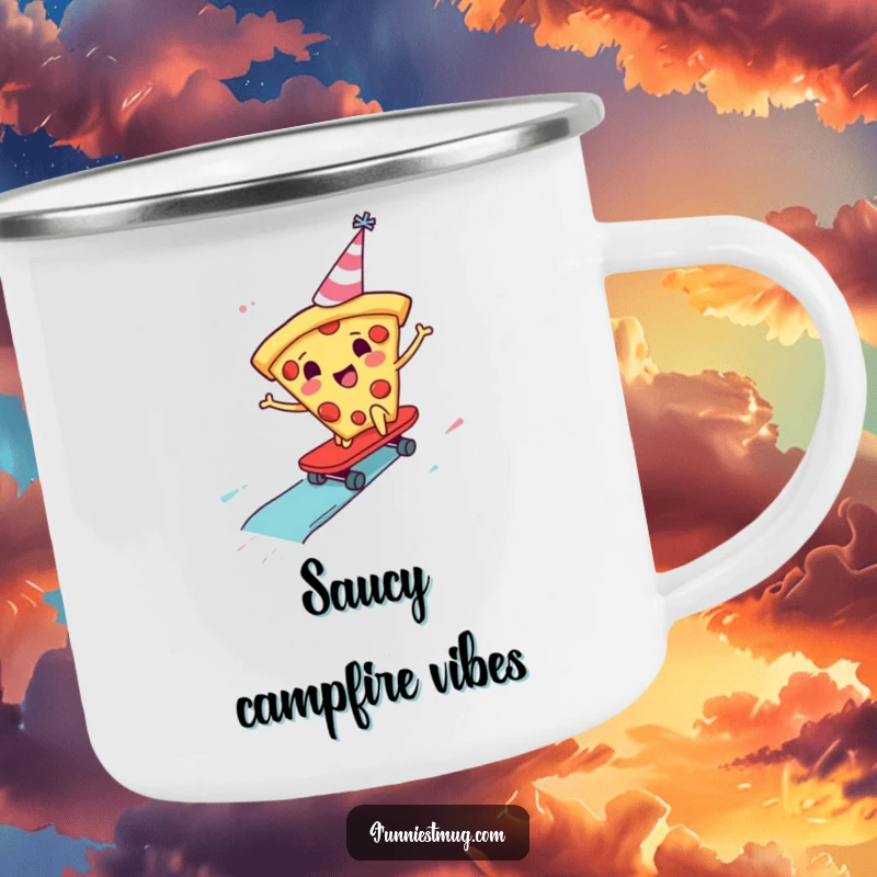 Funny Pizza Skater Camping Mug featuring a pizza slice in a party hat skateboarding down a sauce slide, designed for outdoor fun and humor.