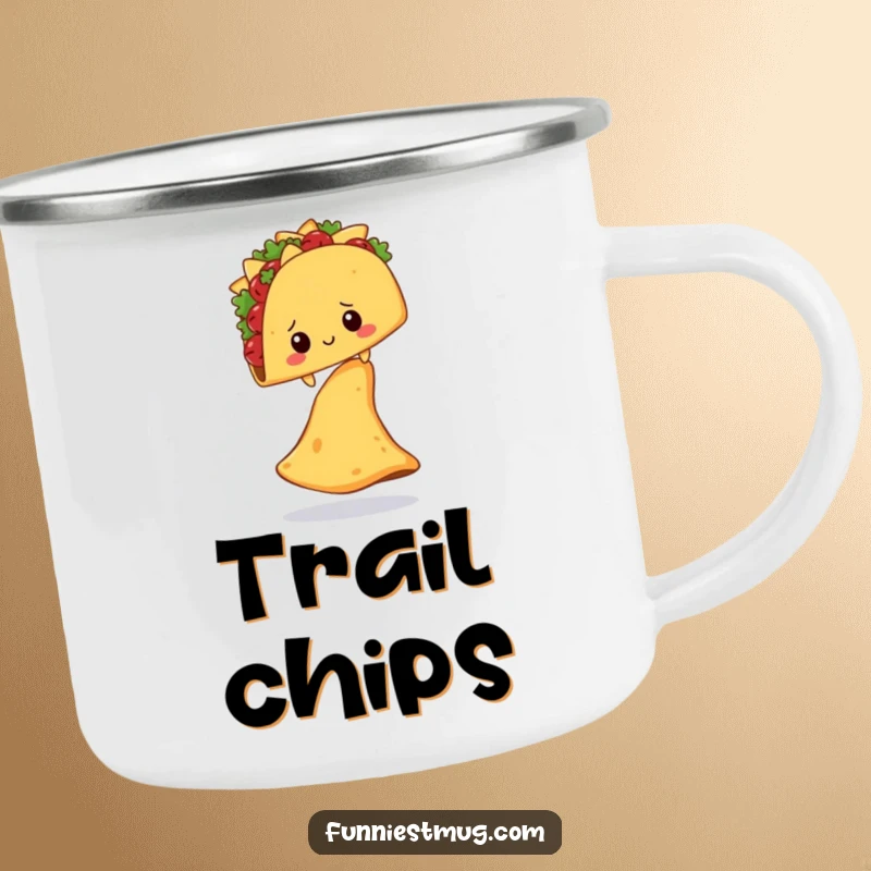 Funny Shy Taco Nacho Chip Camping Mug: A shy taco balancing on a giant nacho chip, perfect for funny outdoor moments.