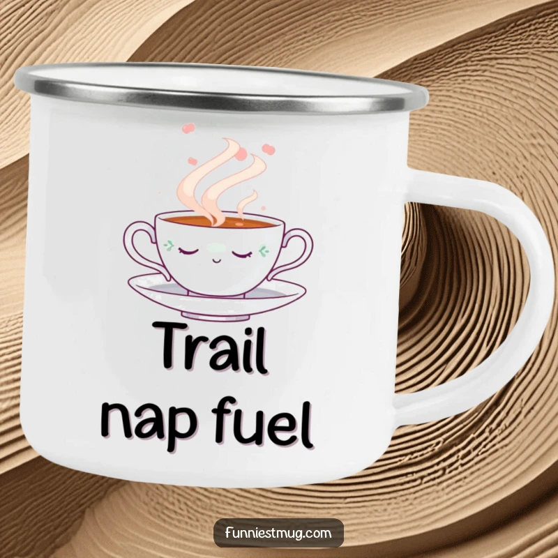 Funny Napping Teacup Camping Mug: Durable enamel mug with a cute napping teacup illustration surrounded by steam, perfect for funny outdoor sips.