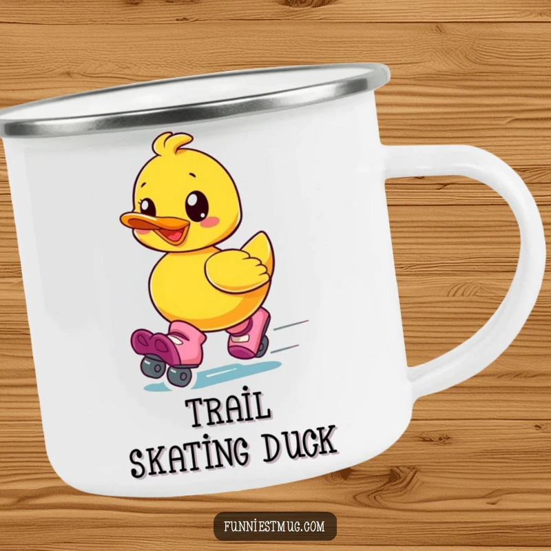 Funny camping mug with a gleeful rubber ducky on oversized roller skates, speeding away with pure joy, perfect for outdoor humor.