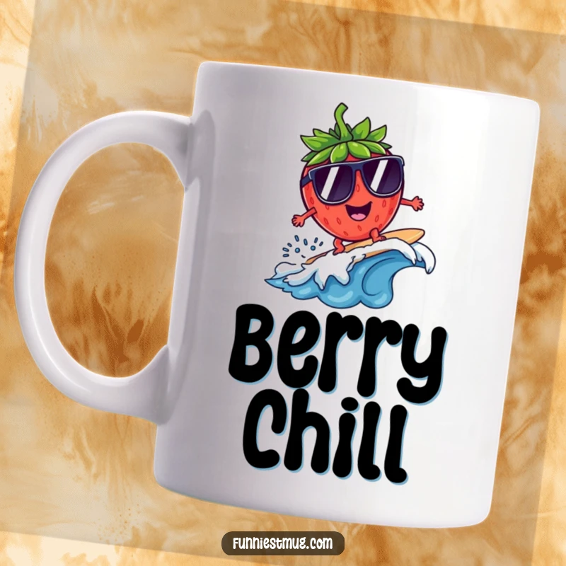 Funny Surfing Strawberry Sunglasses Mug: A strawberry surfs on a tiny wave wearing huge sunglasses, perfect funny gift.