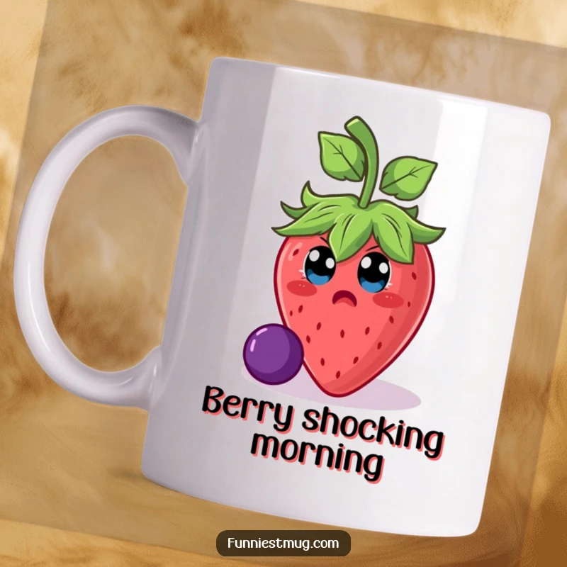 Funny surprised strawberry character with wide eyes, dramatically slipping on a small grape, captured on a mug for humorous appeal.